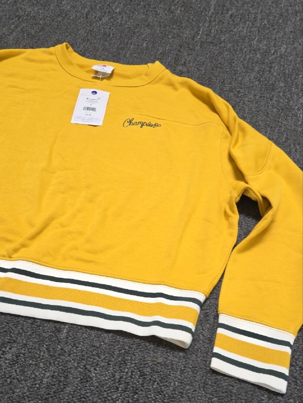 (#2C) Champion Mustard Yellow Crewneck Sweatshirt with Striped Hem - Picture 3 of 9